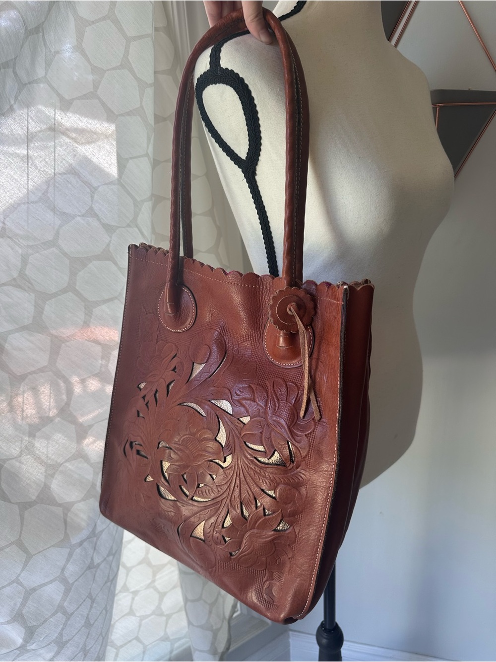 VINTAGE PATRICIA NASH Brown Gold Leather Floral Tote Shoulder Bag Purse Handbag